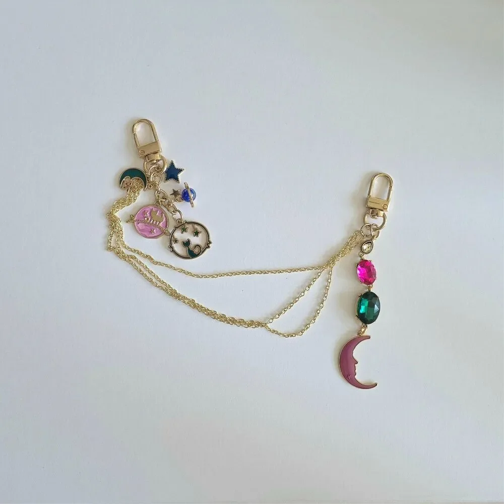 Whimsical Celestial Purse Chain Gold Tone Multi Strand Bag Charm Moon Cat Jewel